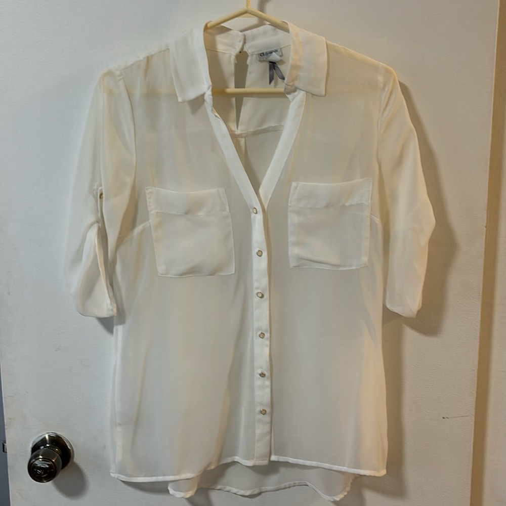 Dynamite sheer off white blouse with gold and white buttons